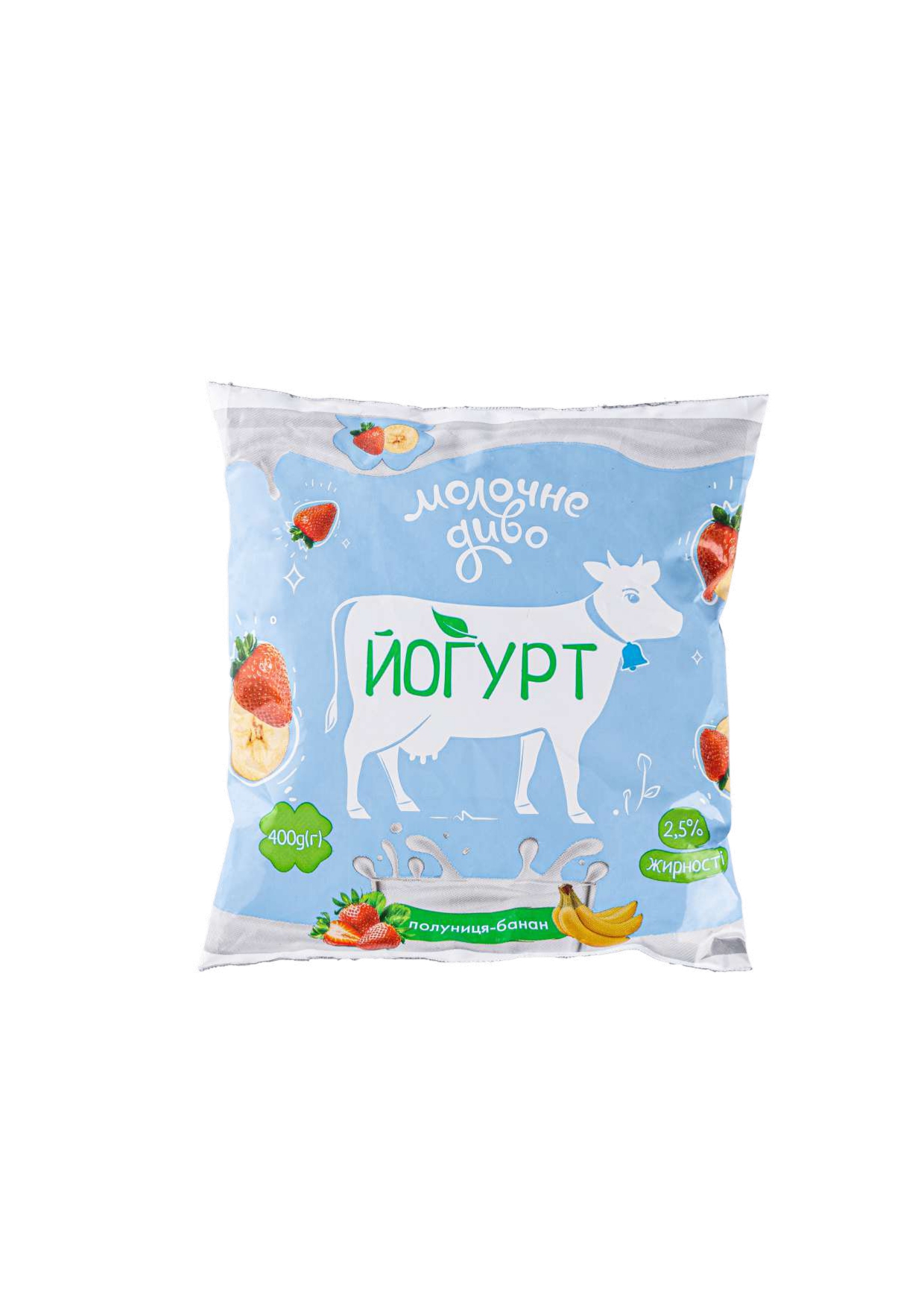 Йогурт 2.5% жирності «Полуниця-банан» питний солодкий з фруктовим наповнювачем «Полуниця-банан», ТМ «Молочне Диво», 400 г поліетиленова упаковка